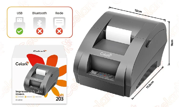 Impressora Térmica 203 DPI · 90mm/s · 57.5 ± 0.5mm